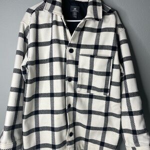 H&M White and Black Plaid Button-Up Jacket Top